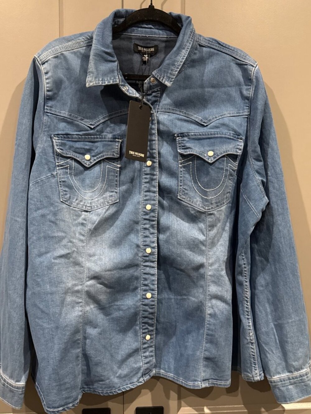 True Religion Denim Chambray Pearl Snap Button Down Shirt Womens 3XL